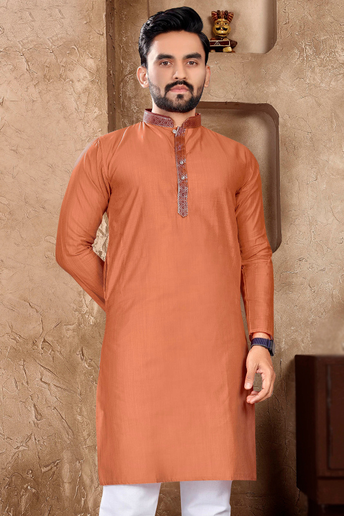 Linen Rust Orange Placket Lace Straight Cut Men Kurta 