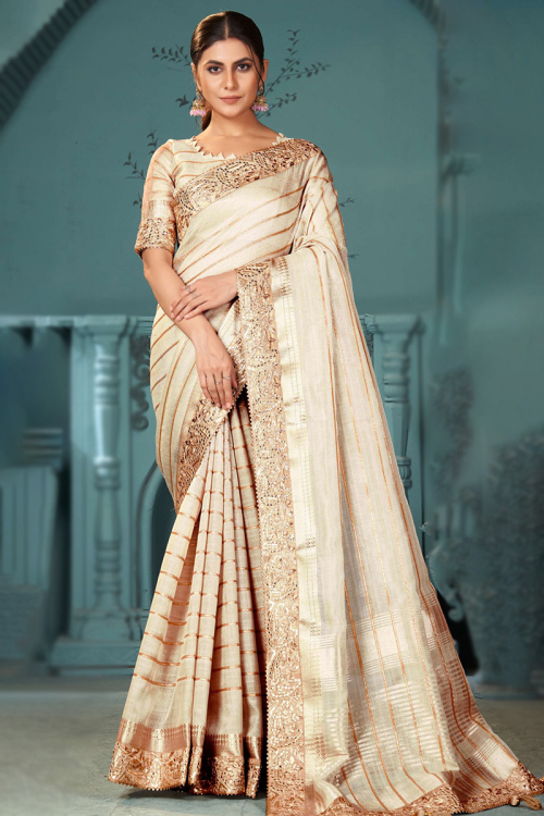 Linen Weaved Light Beige Light Weight Saree