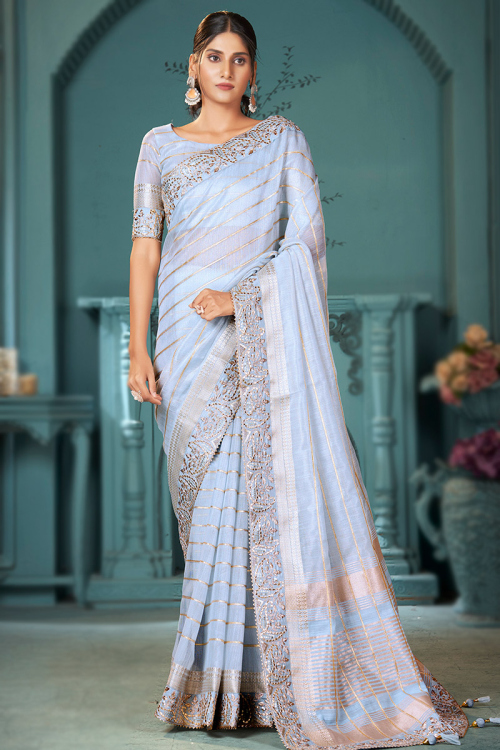 Linen Weaved Pastel Dark Blue Light Weight Saree