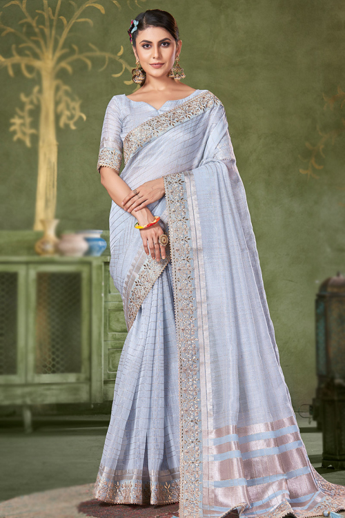 Linen Woven Zari Bluish Grey Light Weight Saree 