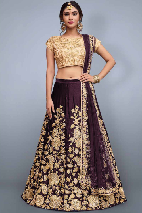 Wine Red Silk Lehenga with Silk Choli and Net Dupatta