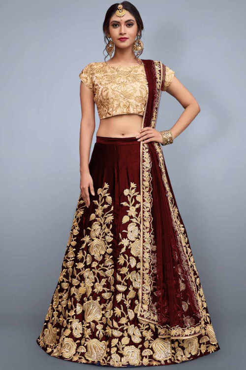 Dark Maroon Silk Lehenga with Silk Choli and Net Dupatta