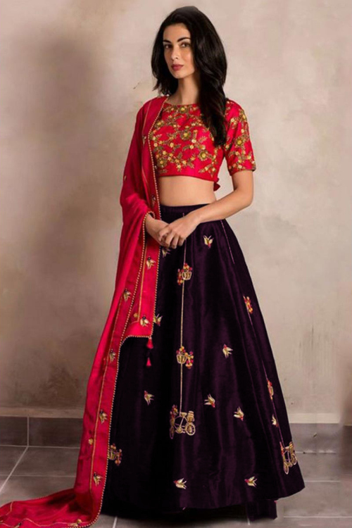 Dark Purple Silk Lehenga With Banglori Silk Choli
