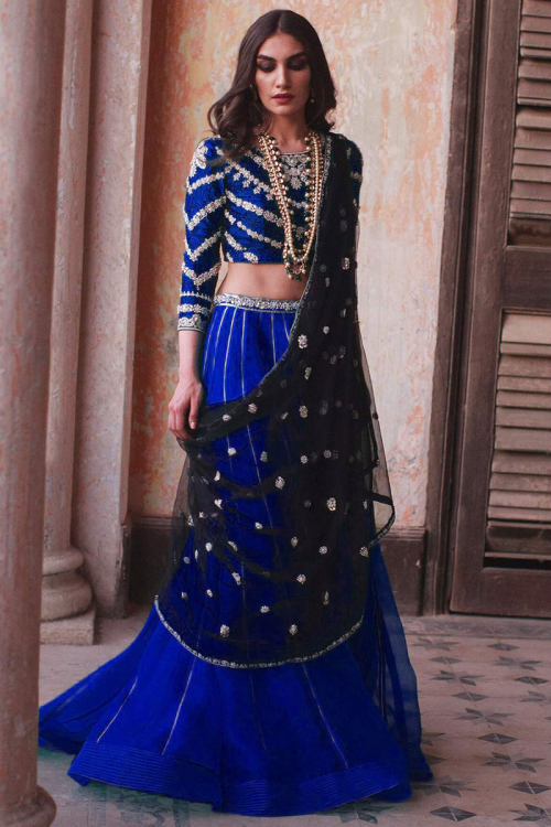 Blue Organza A-Line Wedding Wear Lehenga