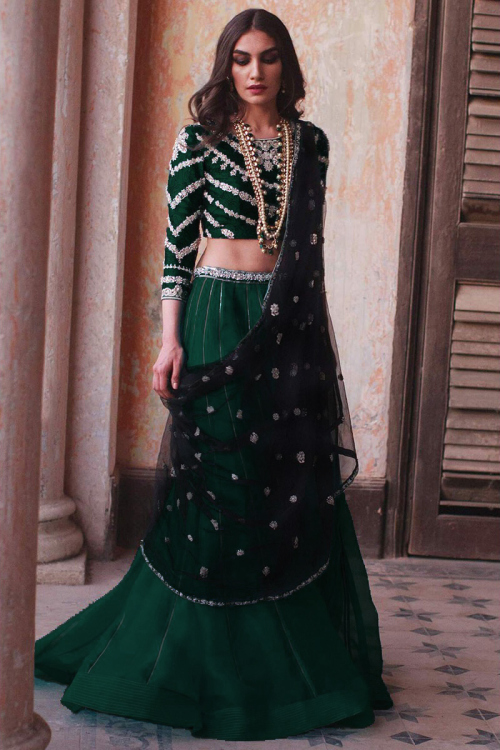 Green Organza A-Line Wedding Wear Lehenga