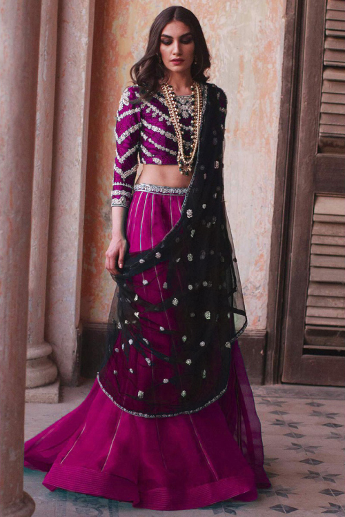 Dark Pink Organza A-Line Wedding Wear Lehenga