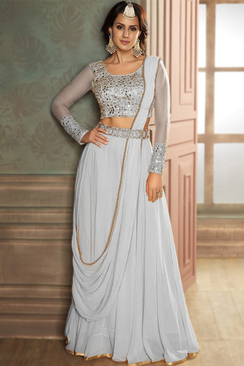 Dusty Grey Embroidered Lehenga Set with Cold Shoulder Blouse & Silver  Details - Seasons India