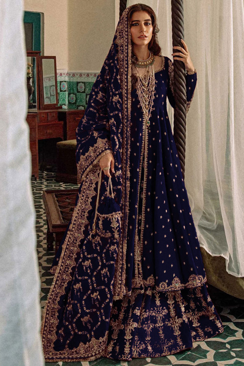 Sequins Embroidered Silk Dark Blue Pakistani Bridal Wear Lehenga