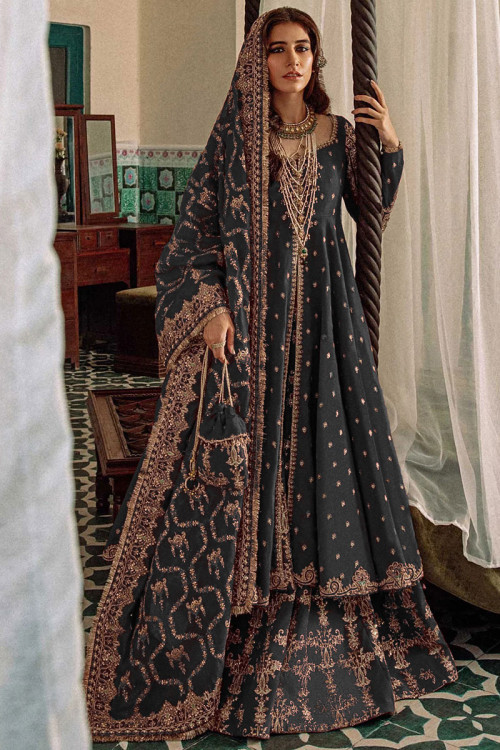 Sequins Embroidered Silk Grey Pakistani Bridal Wear Lehenga