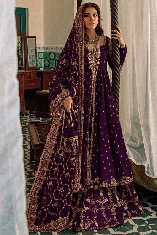 Sequins Embroidered Silk Dark Purple Pakistani Bridal Wear Lehenga
