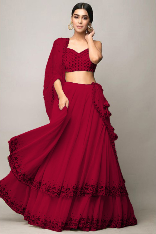 Red Georgette Embroidered Bridesmaid Lehenga