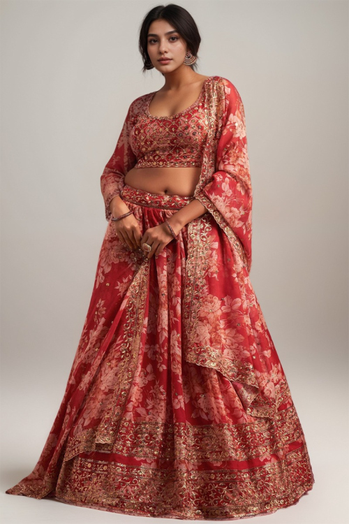 Brick Red Plus Size Organza Sequins Embroidered Lehenga