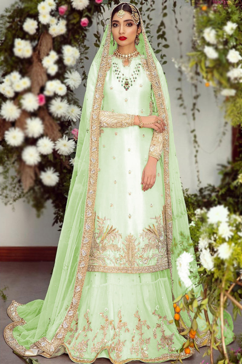 Pistachio Green Net Embroidered Pakistani Wedding Lehenga Choli