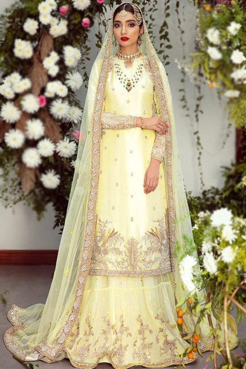 Light Yellow Net Embroidered Pakistani Wedding Lehenga Choli