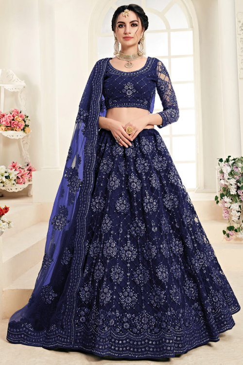 Resham Embroidered Net Navy Blue Lehenga