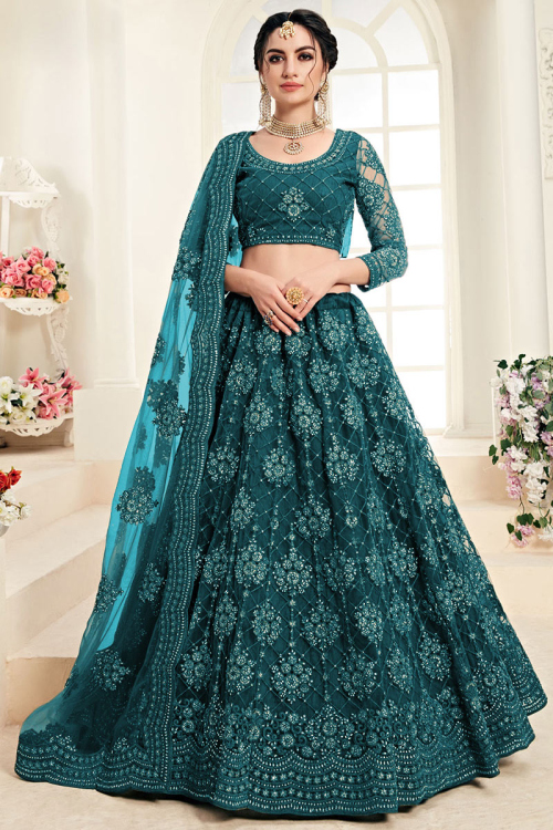 Resham Embroidered Net Peacock Blue Lehenga
