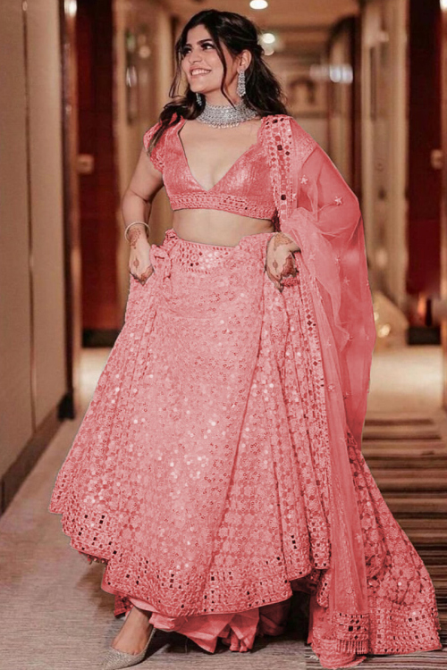 Salmon Pink Net Embroidered Lehenga