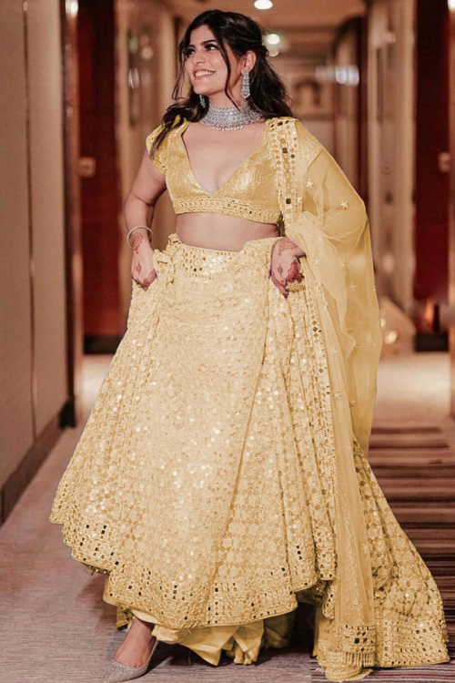 Light Yellow Net Embroidered Lehenga