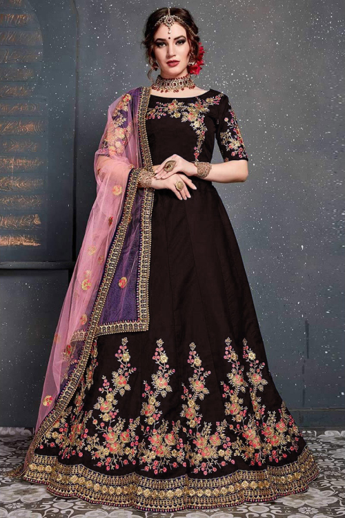 Dark Brown Taffeta Silk Embroidered Lehenga