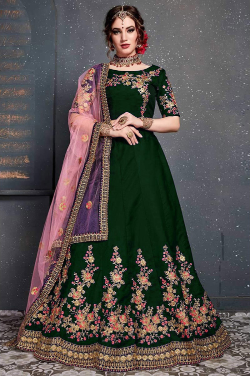 Dark Green Taffeta Silk Embroidered Lehenga