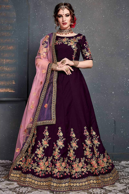 Plum Purple Taffeta Silk Embroidered Lehenga