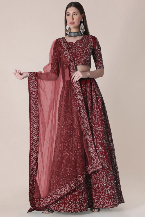 Embroidered Taffeta Silk Dark Maroon Lehenga
