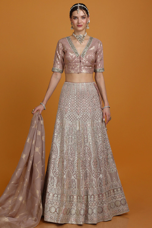 Dusty Pink Georgette A Line Embroidered Lehenga for Eid