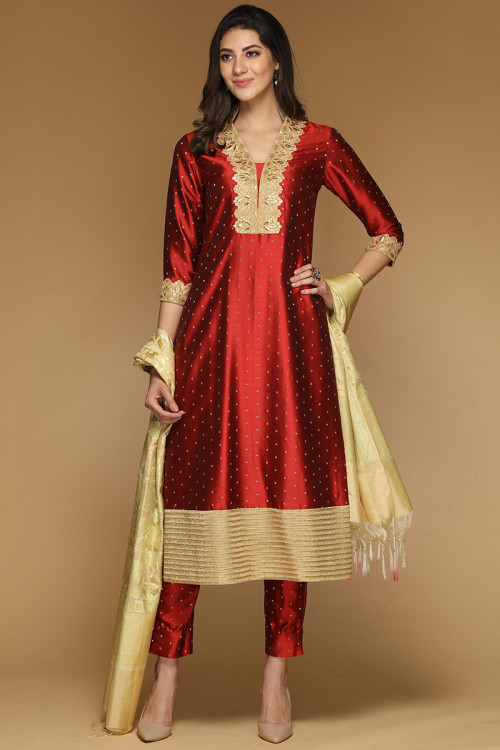 Dupion Red Straight Pant Suit for Eid