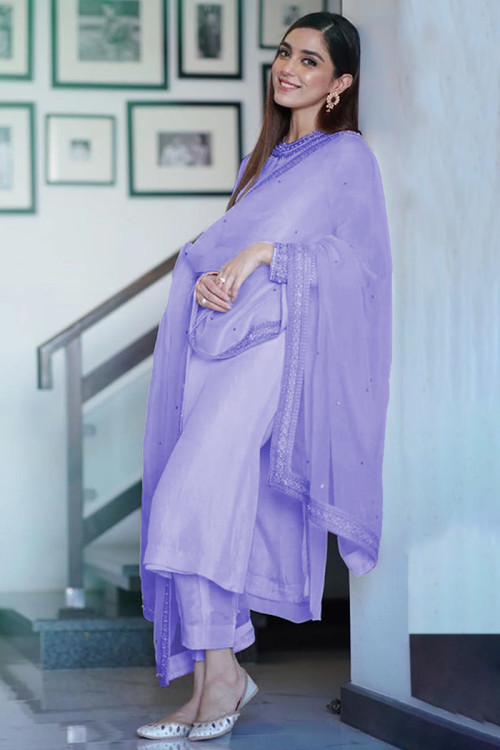 Lavender Purple Silk Pakistani Trouser Suit With Sequins Work
