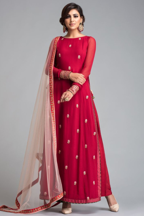 Embroidered Red Crepe Trouser Suit for Wedding & Party