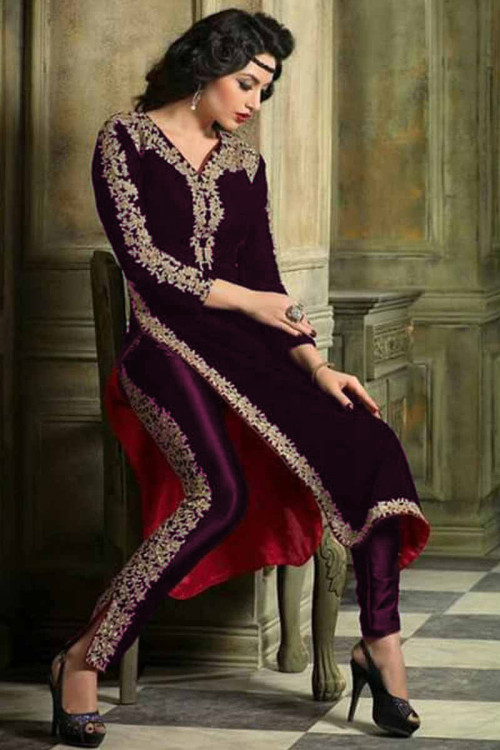 Embroidered Wine Red Cigarette Pant Suit 