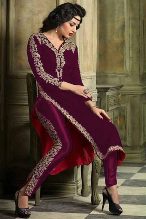 Embroidered Burgundy Maroon Cigarette Pant Suit 