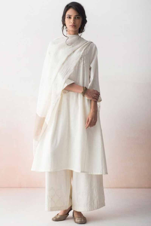 White Cotton Palazzo Pant Suit With Thread Work for Eid