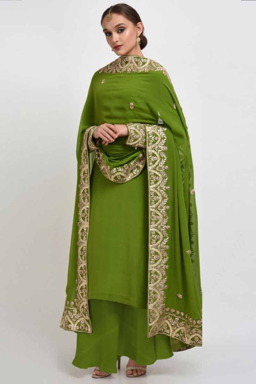 Green Silk Zari Embroidered Palazzo Pant Suit