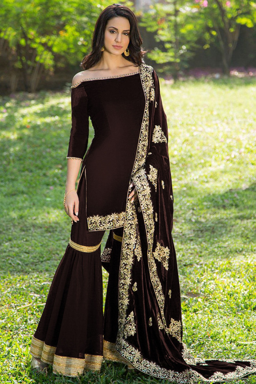 Brown Velvet Sharara Pant Suit With Resham Work for Wedding & Party