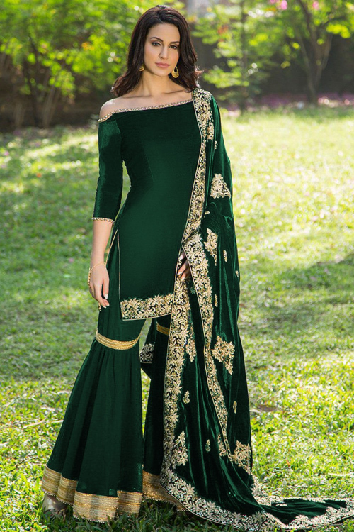 Dark Green Velvet Sharara Pant Suit With Resham Work for Wedding & Party