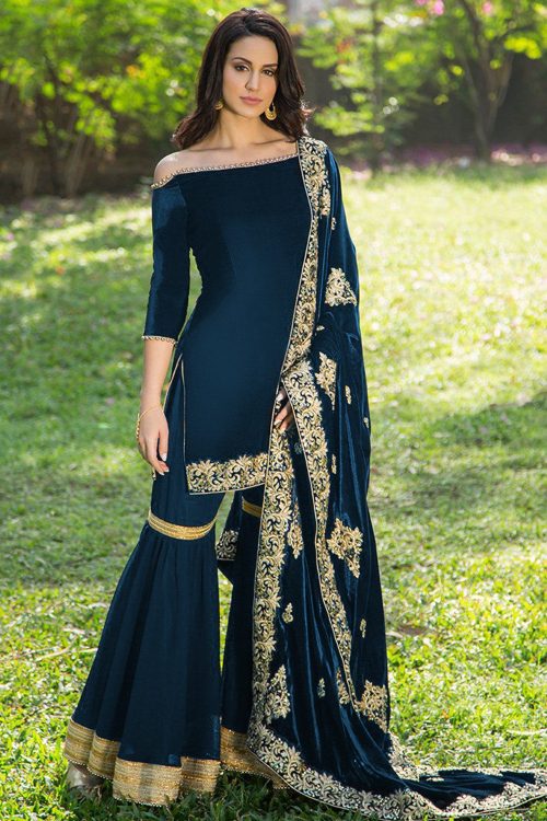 Prussian Blue Velvet Sharara Pant Suit With Resham Work for Wedding & Party