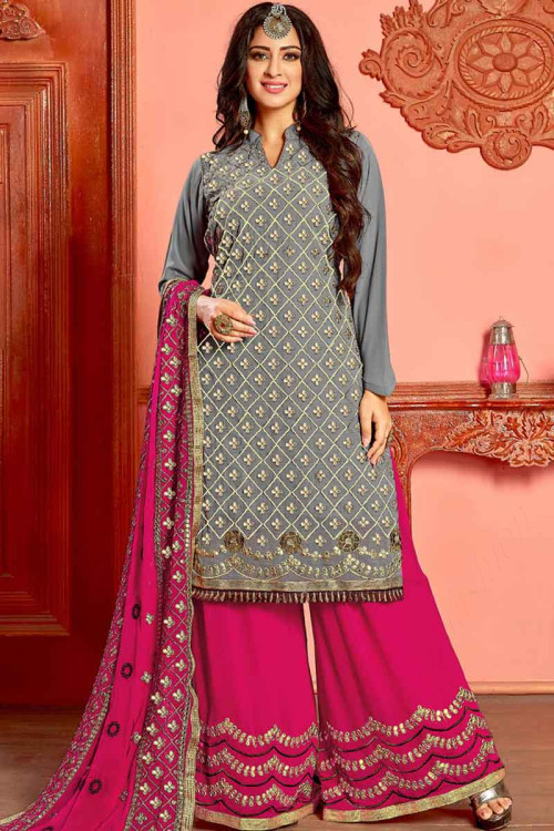 Grey Georgette Palazzo Pant Suit With Zari Work