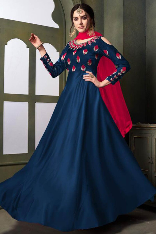 Resham Embroidered Taffeta Silk Dark Blue Anarkali Suit