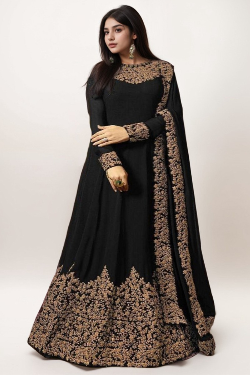 Plus Size Black Georgette Embroidered Anarkali Suit 