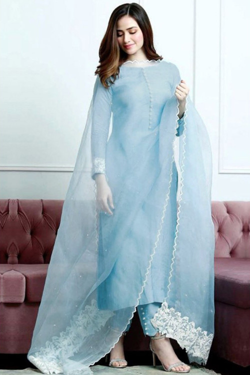 Powder Blue Banglori Silk Pakistani Trouser Suit for Eid
