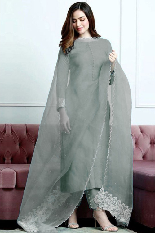 Grey Banglori Silk Pakistani Trouser Suit