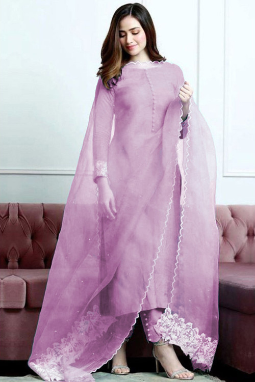 Lavender Purple Banglori Silk Pakistani Trouser Suit
