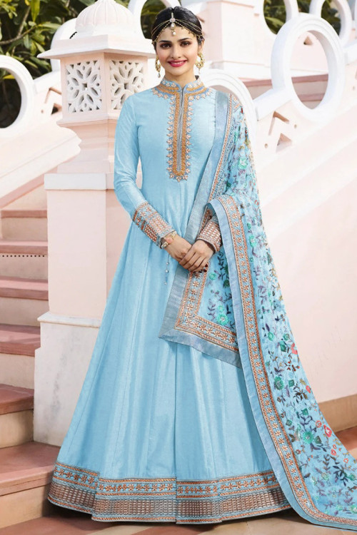 Banglori Silk Eid Anarkali Suit In Light Blue Color