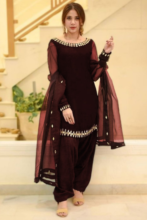 Maroon Net Embroidered Straight Cut Patiala Suit