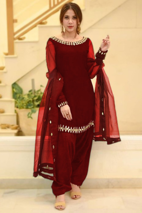Deep Red Net Embroidered Straight Cut Patiala Suit