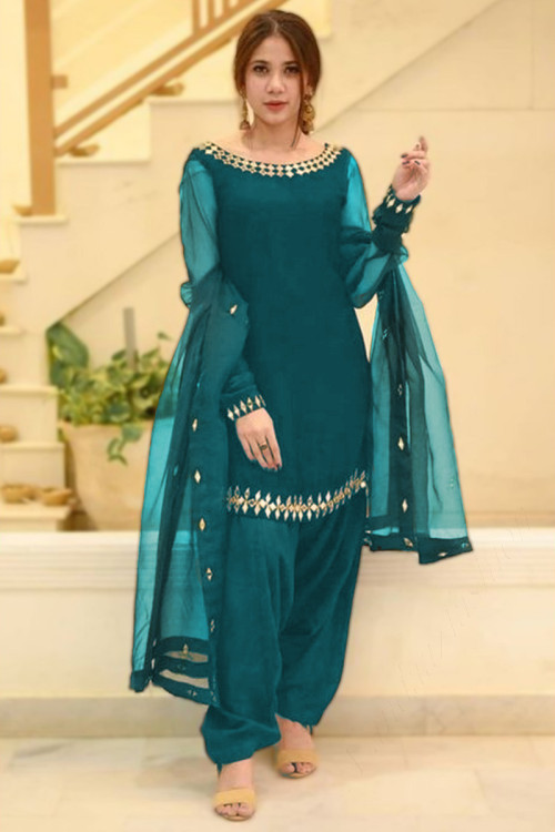 Peacock Blue Net Embroidered Straight Cut Patiala Suit