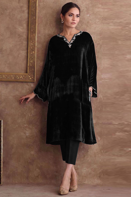 Black Velvet Embroidered Pakistani Trouser Suit
