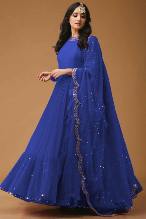 Blue Georgette Floor Length Wedding Wear Anarkali Suit