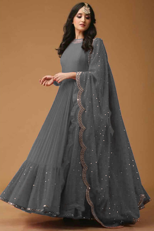 Wedding Party Embroidered Bluish Grey Anarkali Suit LSTV117389